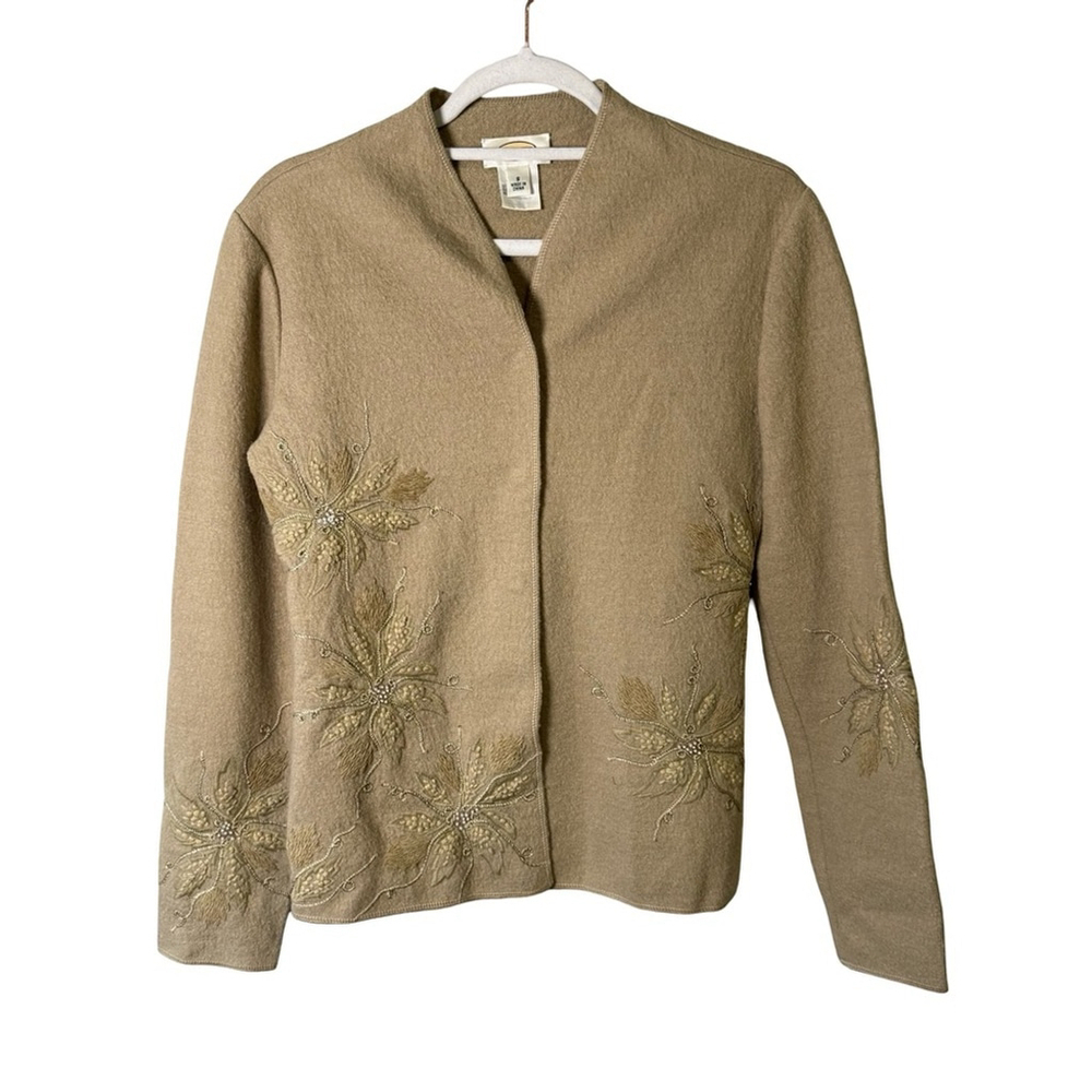 Talbots Beige 100% Wool Knit Cardigan Sweater Size S Embellished Holiday Neutral